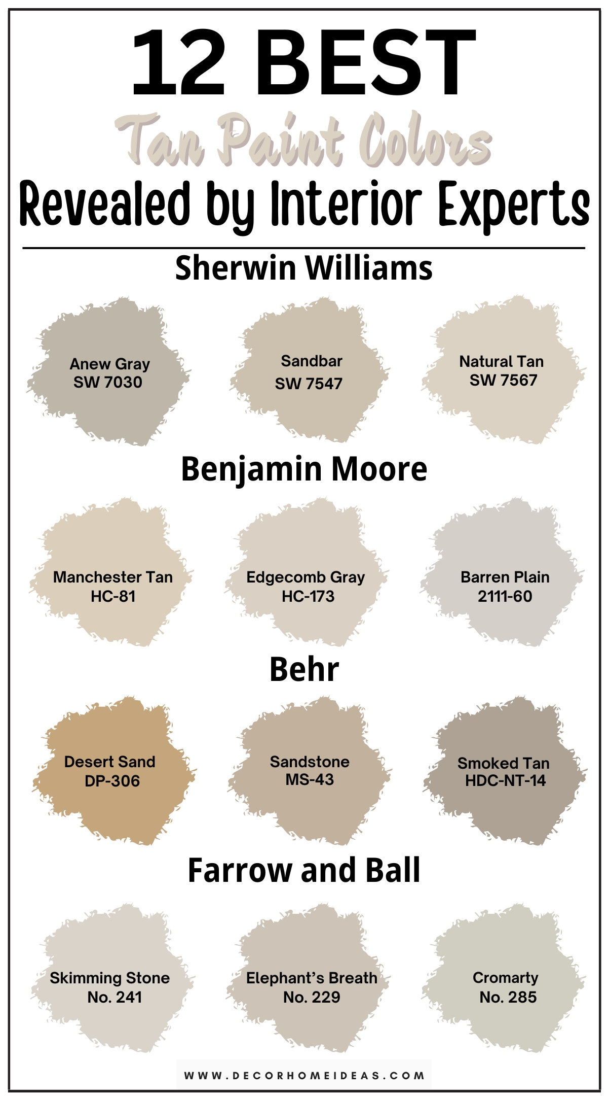 Explore 12 versatile tan paint colors perfect for every room in your home. These neutral shades of tan bring warmth and flexibility to any space, making them ideal for a wide range of decor styles. From light, sandy tones to deeper, earthy tans, discover designer-recommended hues that provide a cozy yet sophisticated backdrop. Whether you’re painting a living room, bedroom, or kitchen, these tan paint colors offer timeless appeal and effortless style, making them a go-to choice for creating a harmonious and inviting atmosphere.

