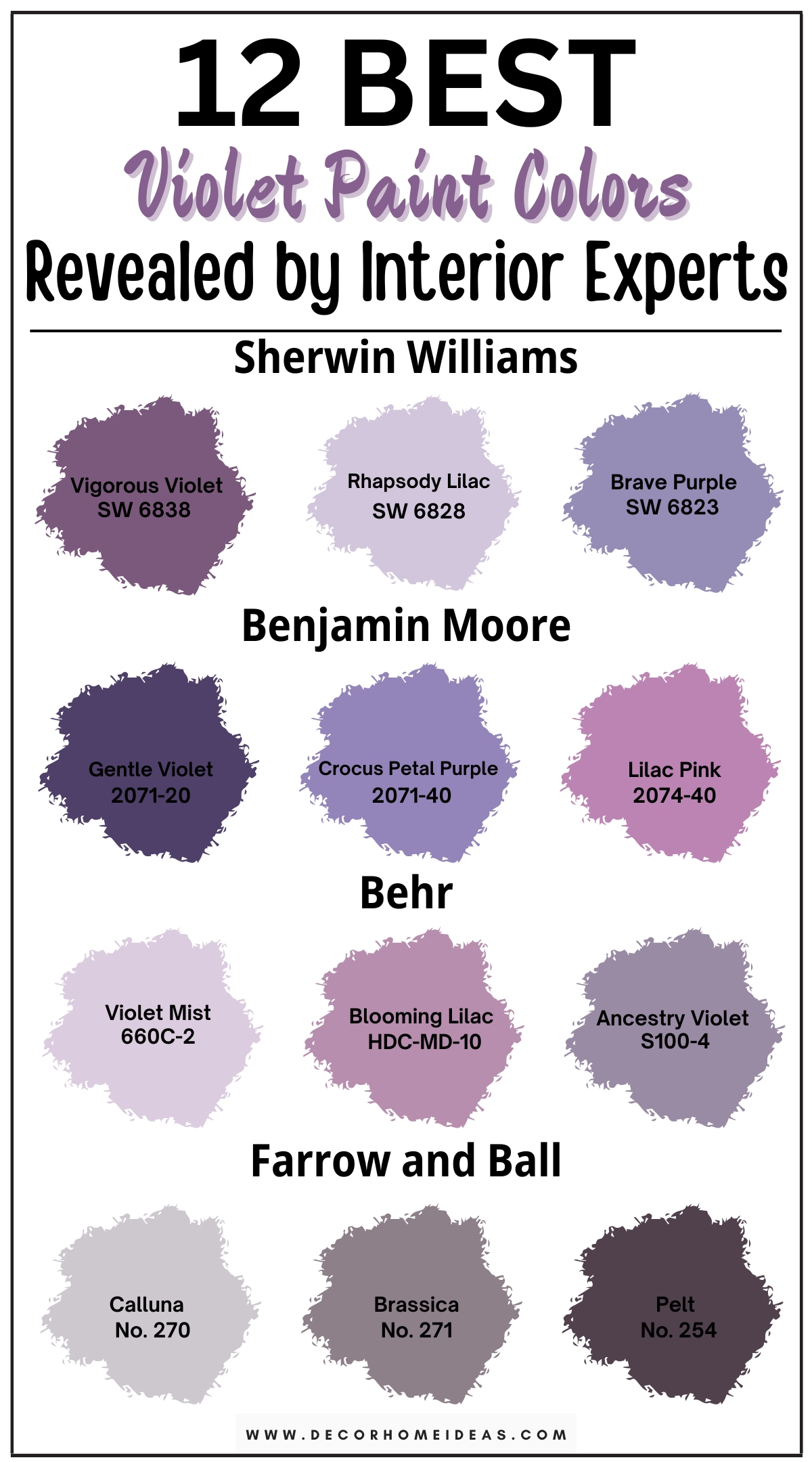 Discover 12 vibrant violet paint colors that make a bold statement in your home. These striking shades of violet bring energy and creativity to any space, perfect for adding a pop of personality and flair. From rich, royal purples to bright, electric violets, explore designer-recommended hues that create a dramatic and eye-catching ambiance. Ideal for accent walls, bedrooms, or creative spaces, these violet paint colors provide a vibrant backdrop that transforms your interiors with a unique and lively touch.

