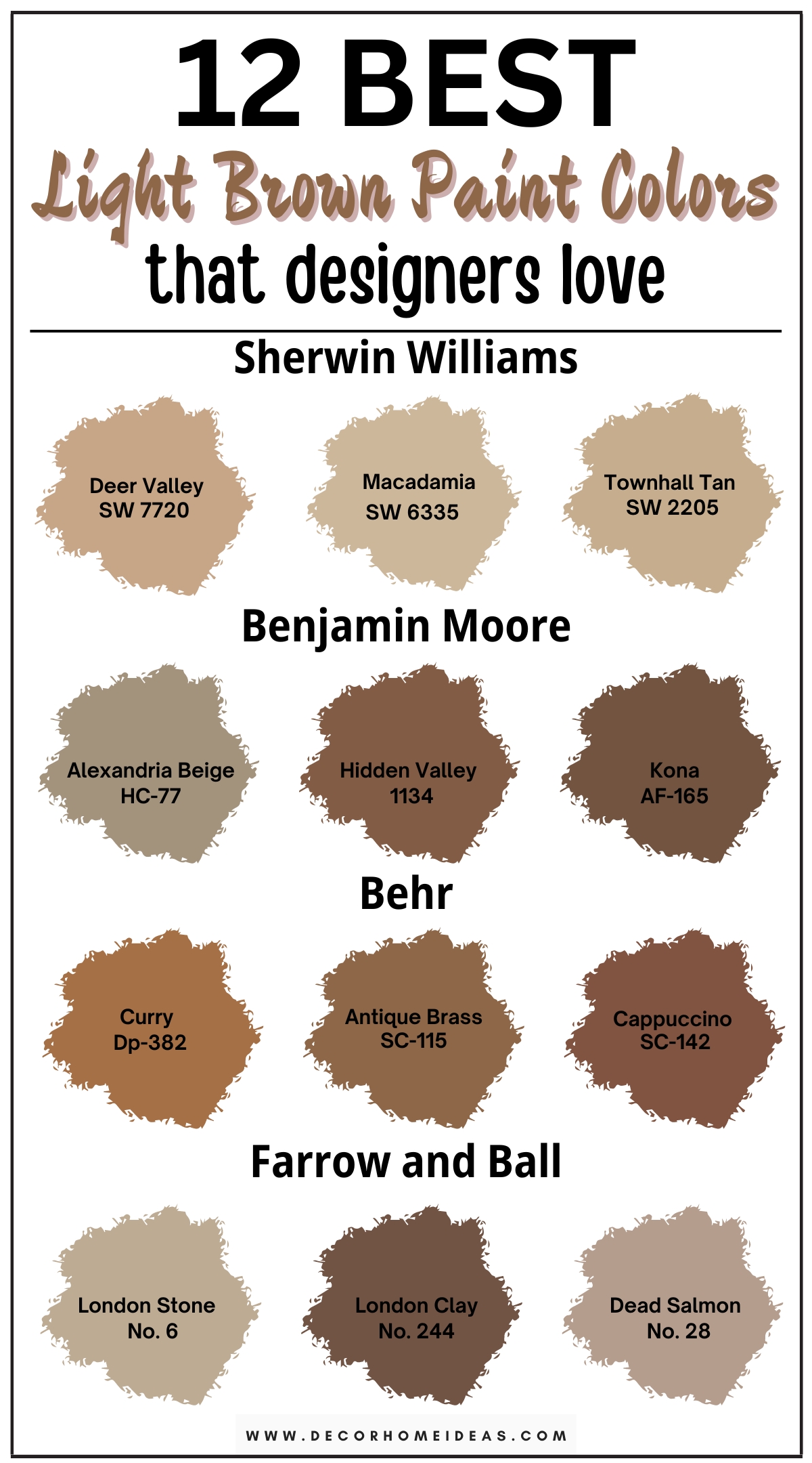 Explore 12 warm light brown paint colors that create a cozy and inviting atmosphere in your home. These earthy shades of light brown bring a sense of comfort and warmth, making any space feel more welcoming. From soft taupes to rich caramel tones, discover designer-recommended hues that add depth and character to your interiors. Perfect for living rooms, bedrooms, or dining areas, these warm light brown paint colors provide a soothing backdrop that enhances your home’s natural beauty and charm.

