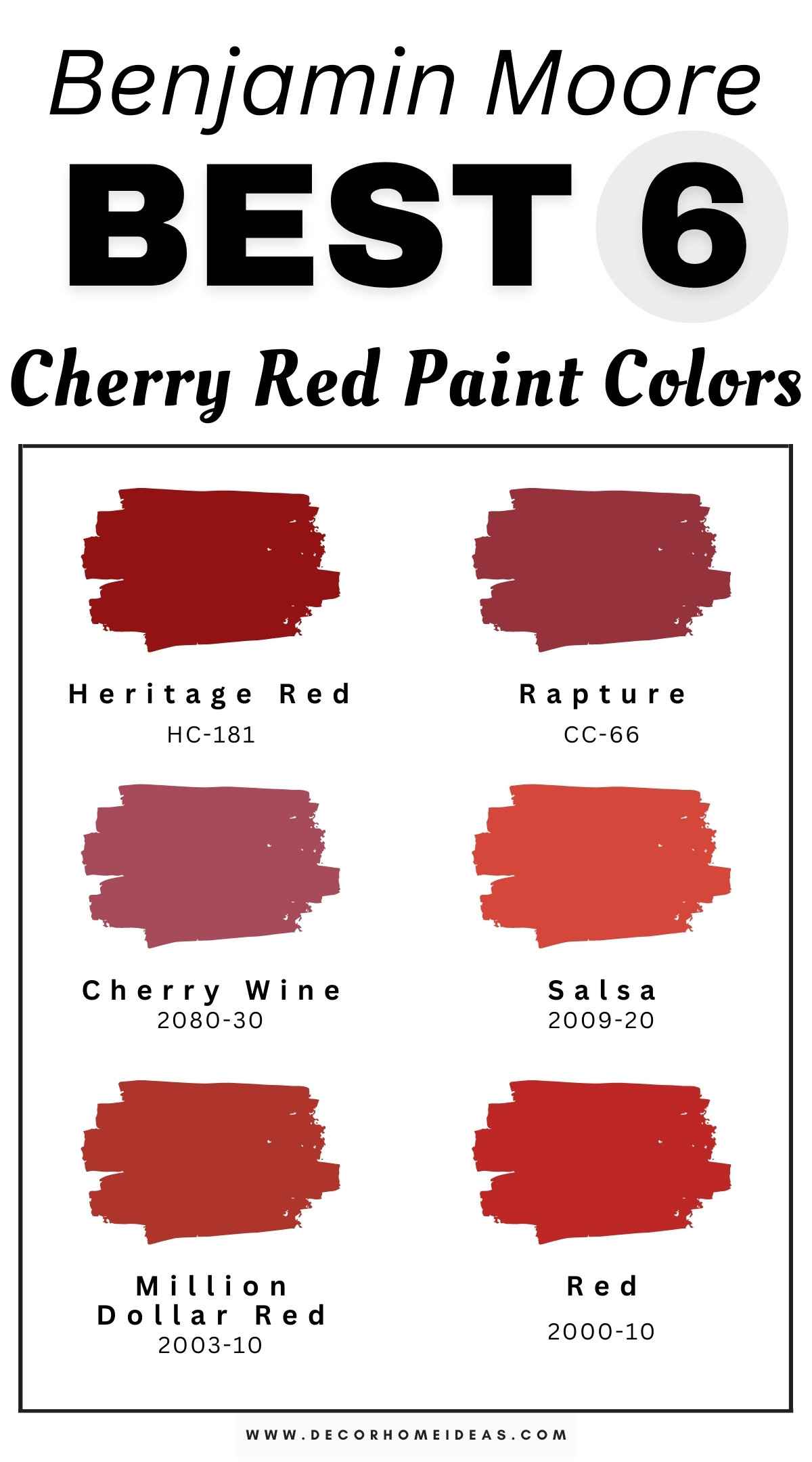 Explore 6 bright cherry red paint colors by Benjamin Moore that infuse your space with energy and cheer. These vibrant shades of cherry red are perfect for creating a bold focal point in kitchens, dining areas, or accent walls, bringing warmth and personality to any room. Designer-approved for their striking impact and versatility, these Benjamin Moore cherry red hues enhance any decor style, from modern to traditional. Transform your home with these bright cherry red paint colors for a lively and inviting atmosphere that truly stands out.